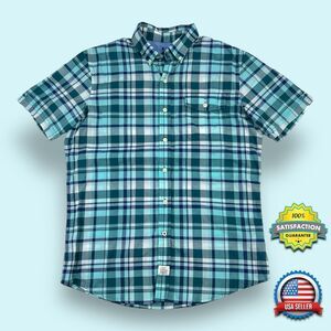 Izod Shirt MENS MEDIUM Seaside Poplin Blue Plaid Lightweight Button-Down Casual